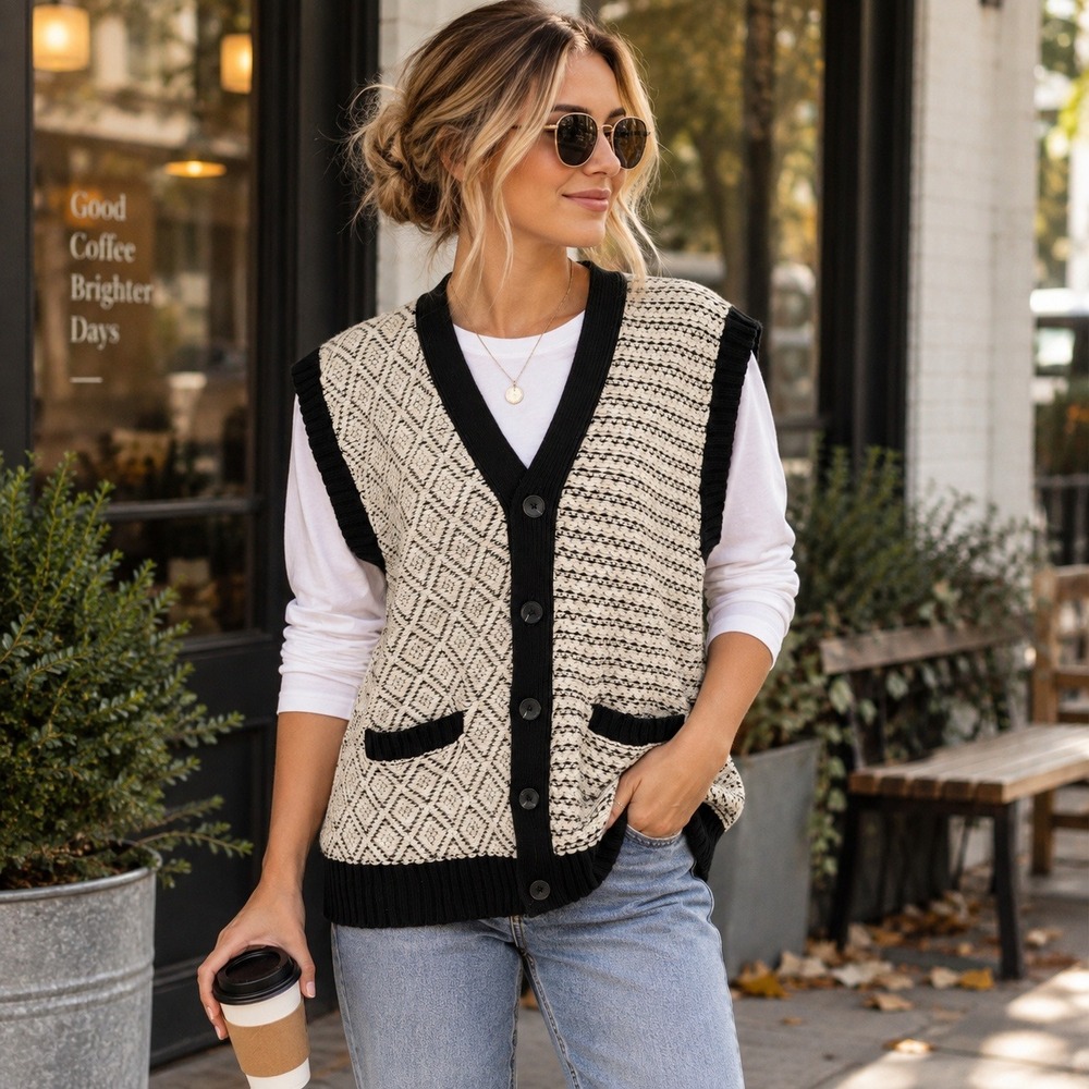 Urban Outfitters Sweater Vest Chunky Knit Mixed Pattern Button Front Women's L